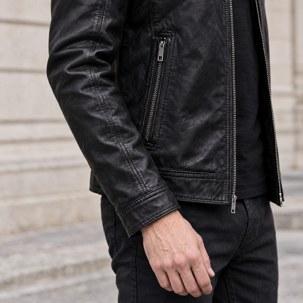 Men's Sean Vintage Leather Racer Jacket — Black — sleeve-detail