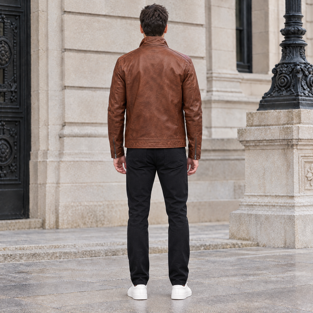 Men's Sean Vintage Leather Racer Jacket — Brown — full-body-back