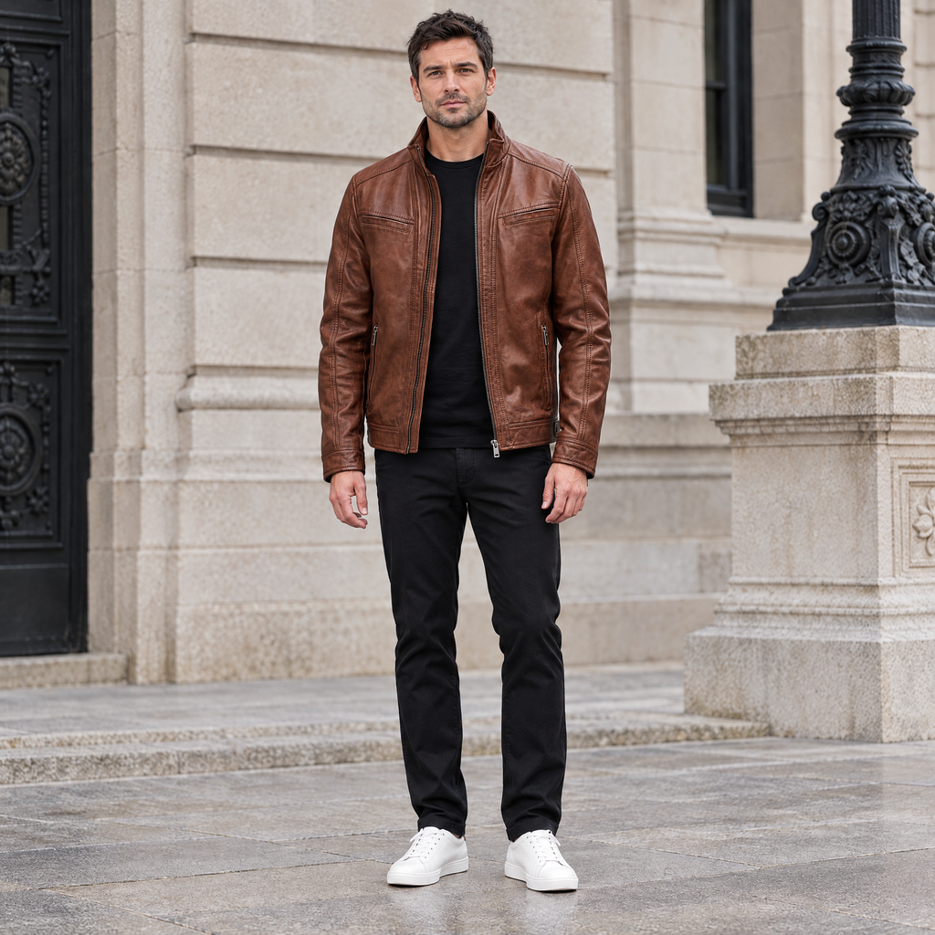 Men's Sean Vintage Leather Racer Jacket — Brown — full-body-front