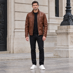 Men's Sean Vintage Leather Racer Jacket — Brown — full-body-front