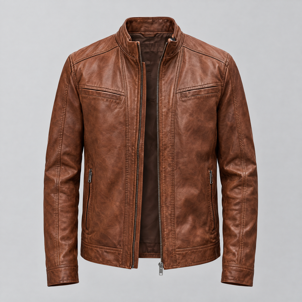 Men's Sean Vintage Leather Racer Jacket — Brown — product-front