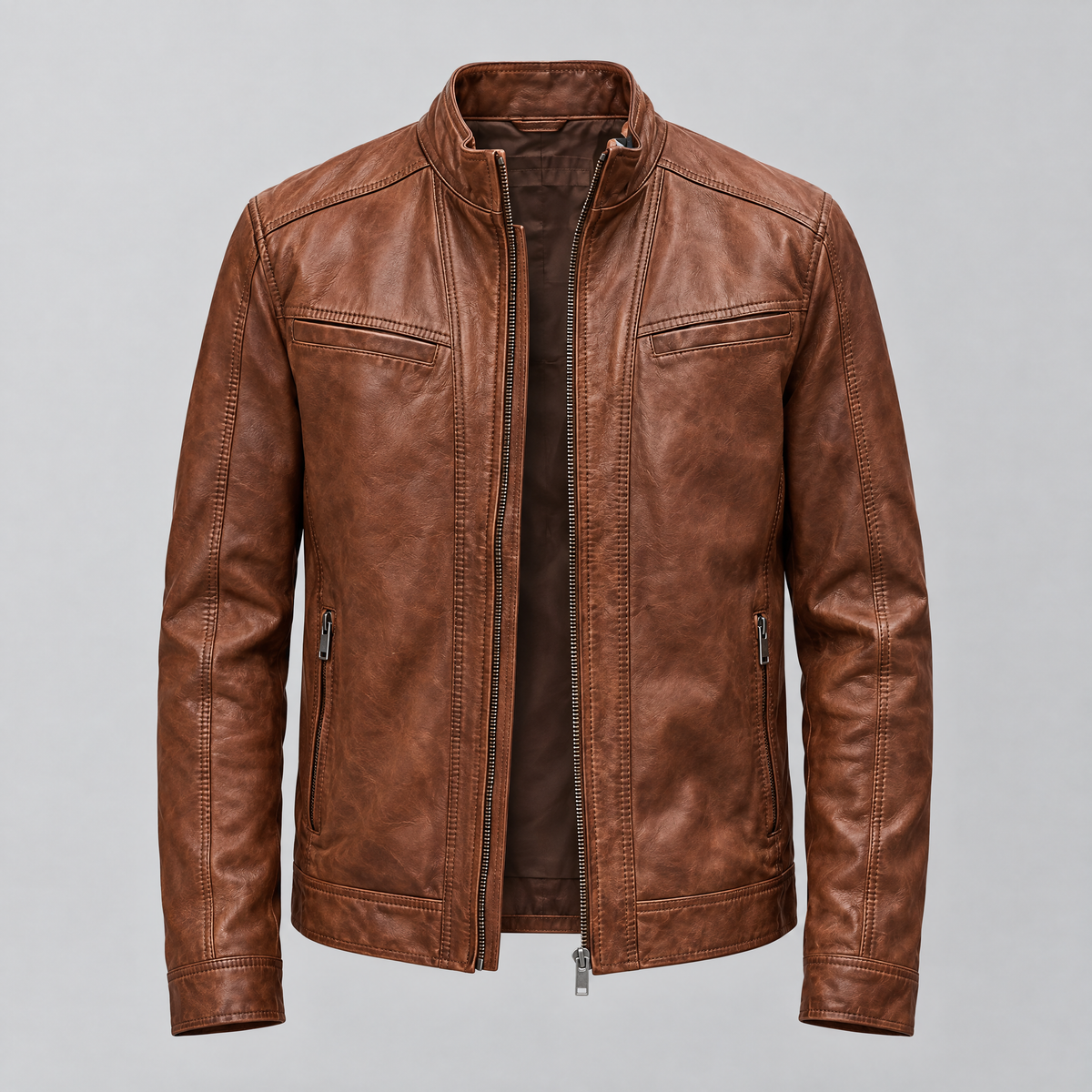 Men's Sean Vintage Leather Racer Jacket — Brown — product-front