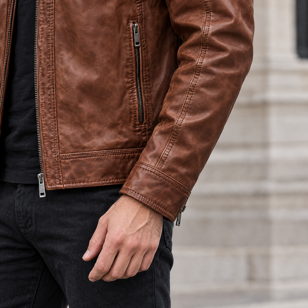 Men's Sean Vintage Leather Racer Jacket — Brown — sleeve-detail
