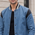 Men's Simon Leather Denim Letterman Jacket — Blue Denim — chest-detail