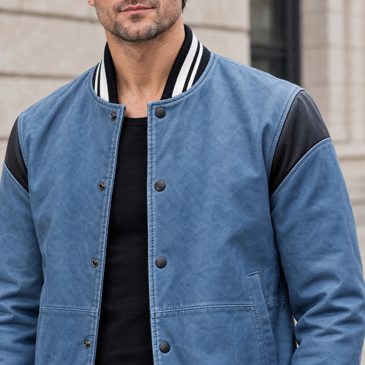 Men's Simon Leather Denim Letterman Jacket — Blue Denim — chest-detail