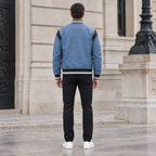 Men's Simon Leather Denim Letterman Jacket — Blue Denim — full-body-back