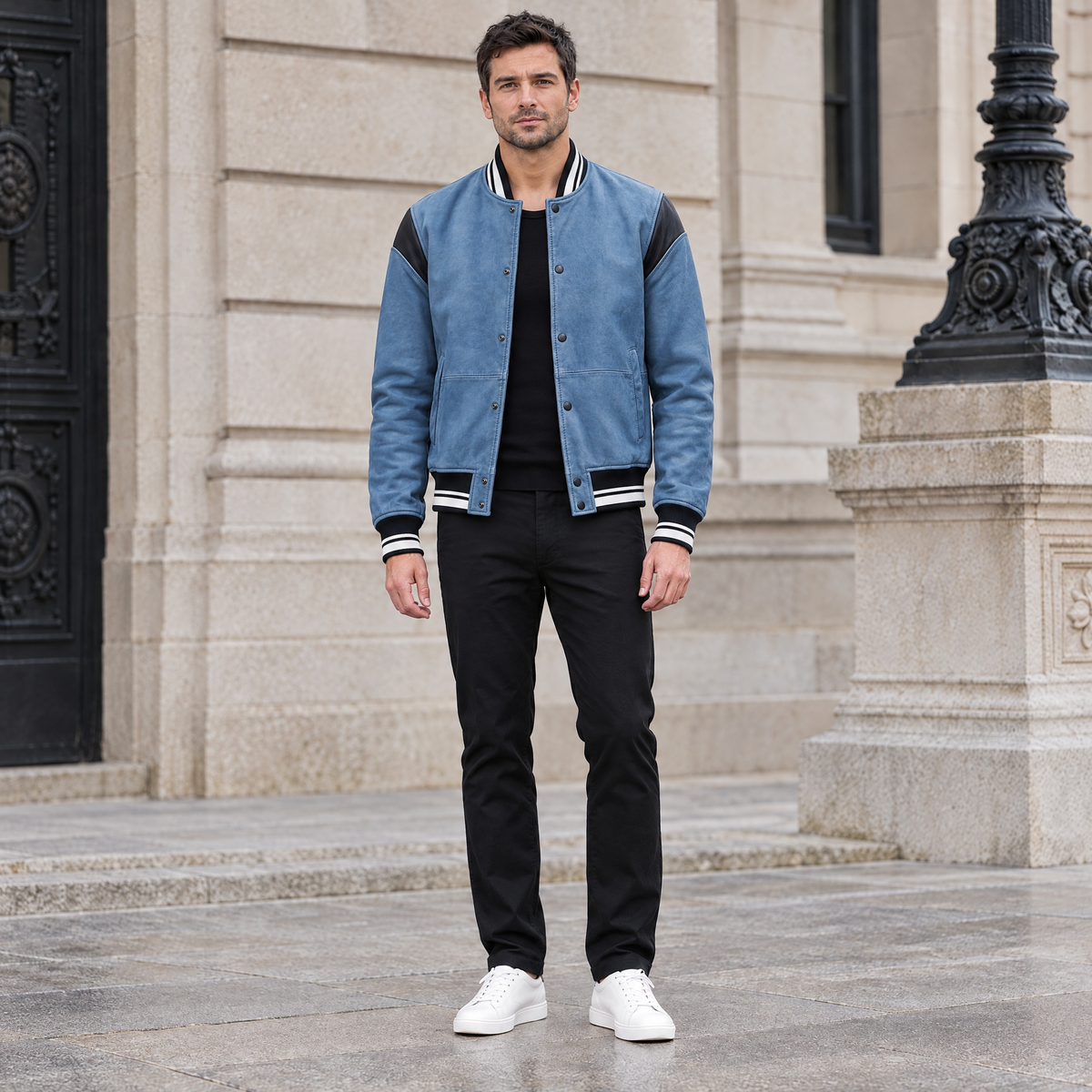Men's Simon Leather Denim Letterman Jacket — Blue Denim — full-body-front