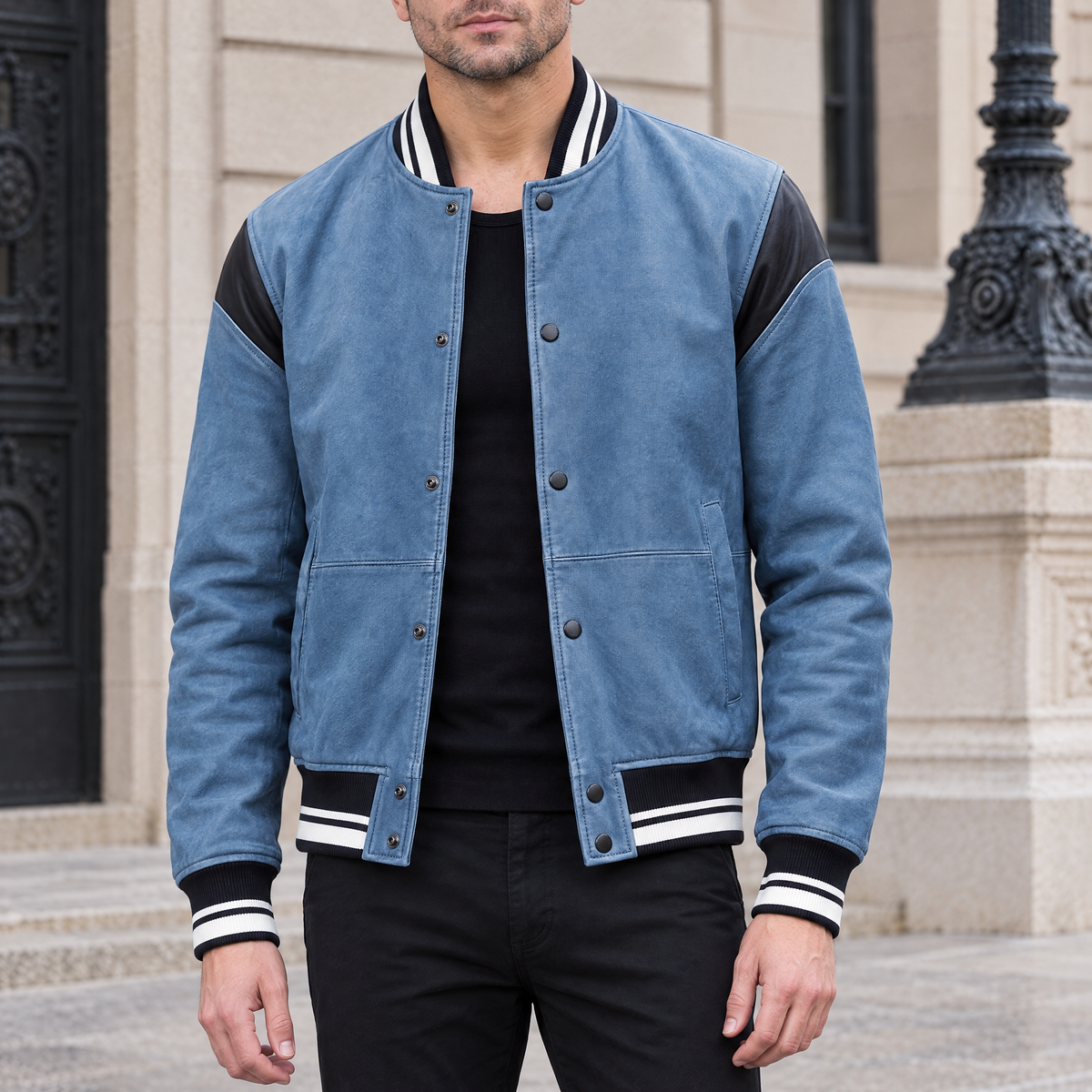 Men's Simon Leather Denim Letterman Jacket — Blue Denim — hero