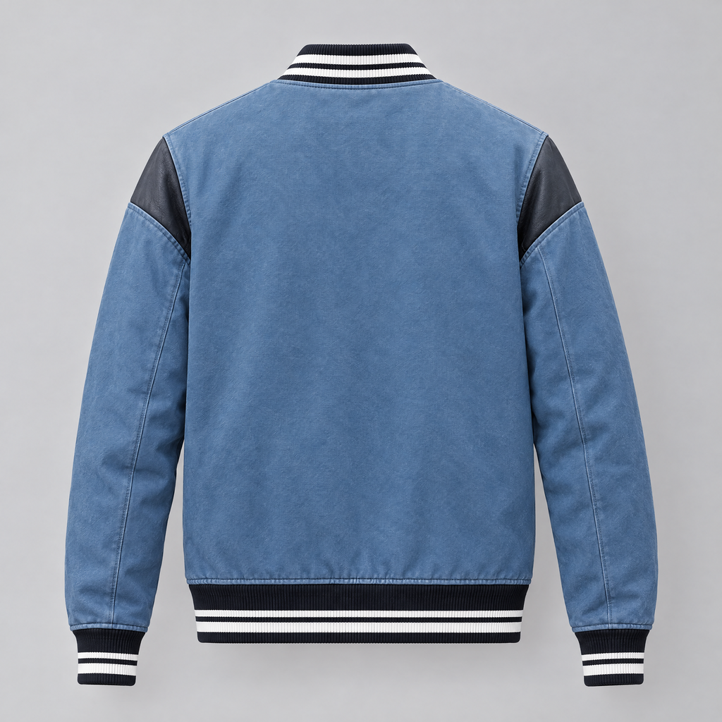 Men's Simon Leather Denim Letterman Jacket — Blue Denim — product-back