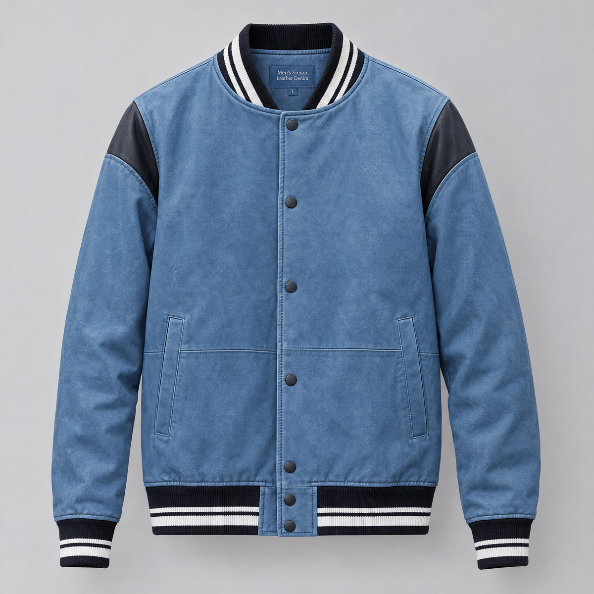 Men's Simon Leather Denim Letterman Jacket — Blue Denim — product-front