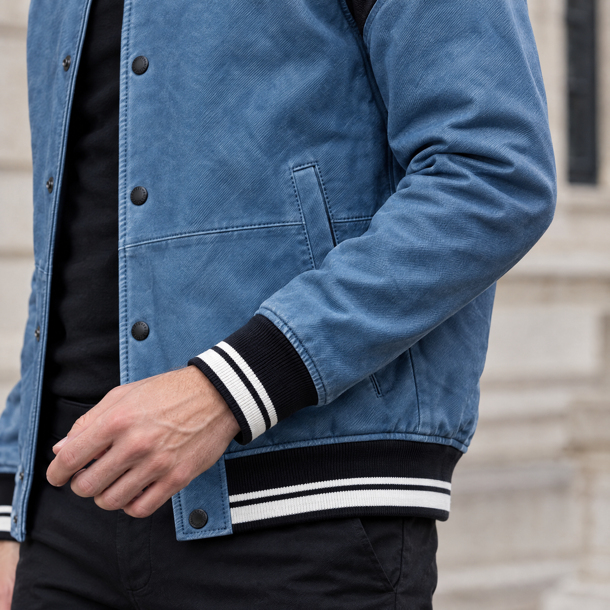 Men's Simon Leather Denim Letterman Jacket — Blue Denim — sleeve-detail