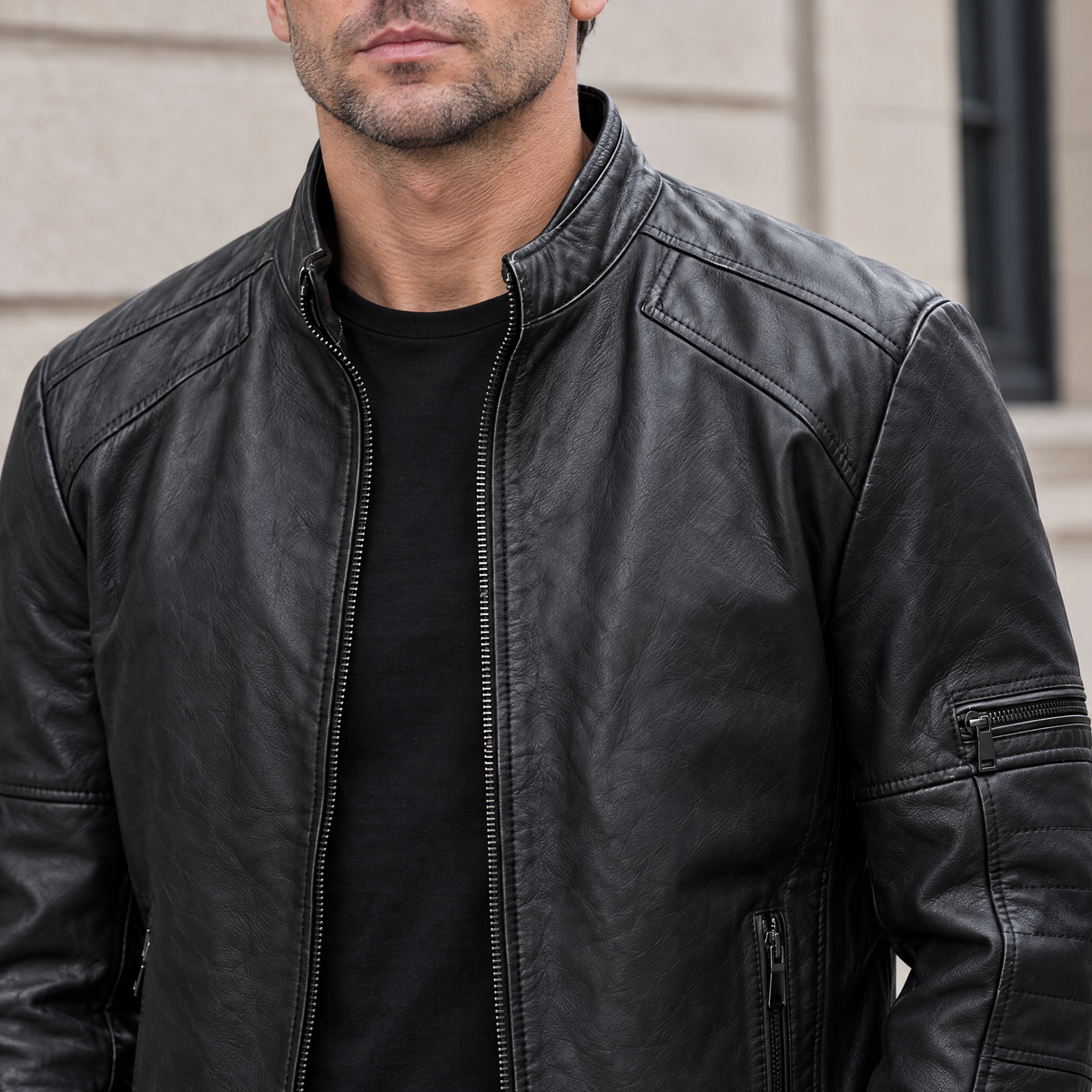 Men's Toby Quilted Leather Moto Jacket — Black — chest-detail