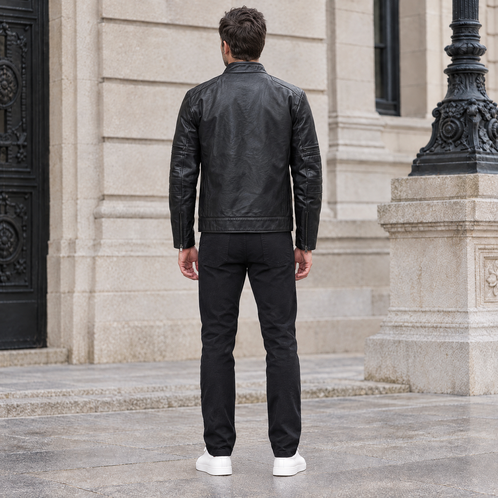 Men's Toby Quilted Leather Moto Jacket — Black — full-body-back