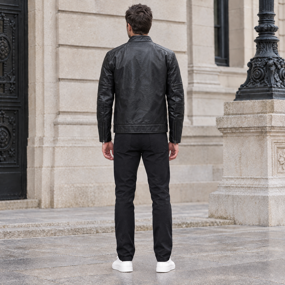 Men's Toby Quilted Leather Moto Jacket — Black — full-body-back