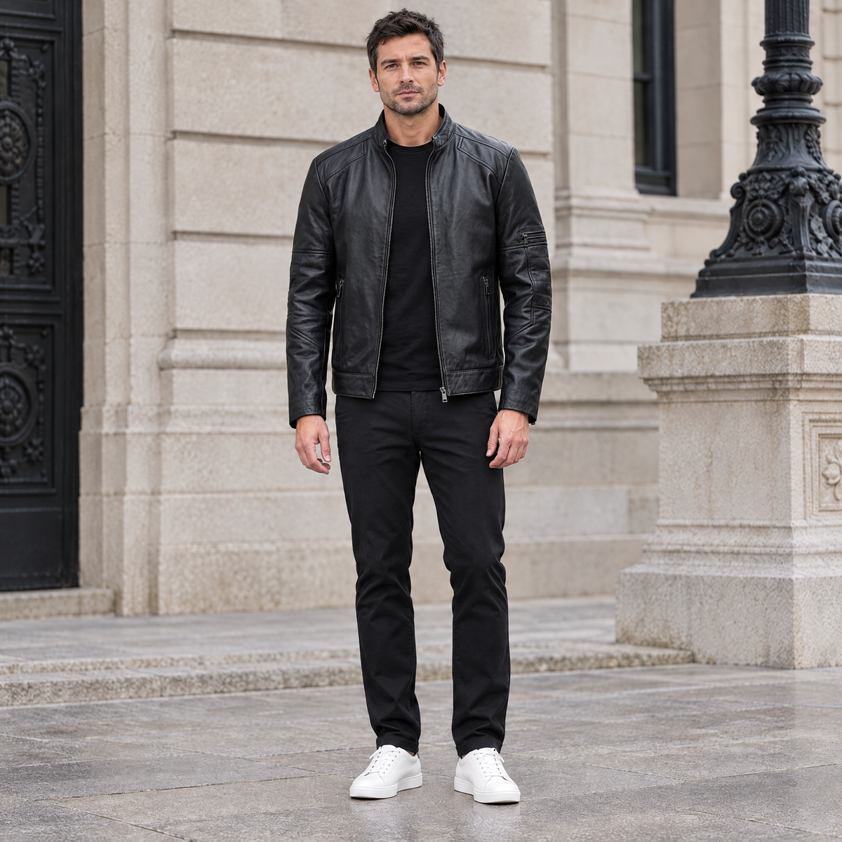Men's Toby Quilted Leather Moto Jacket — Black — full-body-front