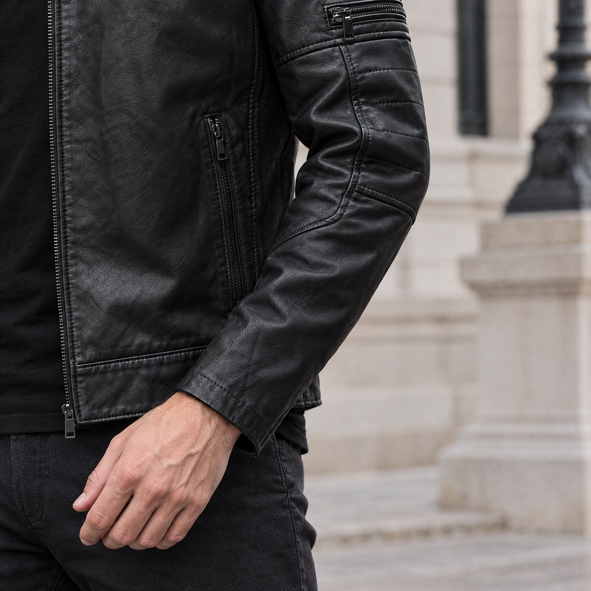 Men's Toby Quilted Leather Moto Jacket — Black — sleeve-detail