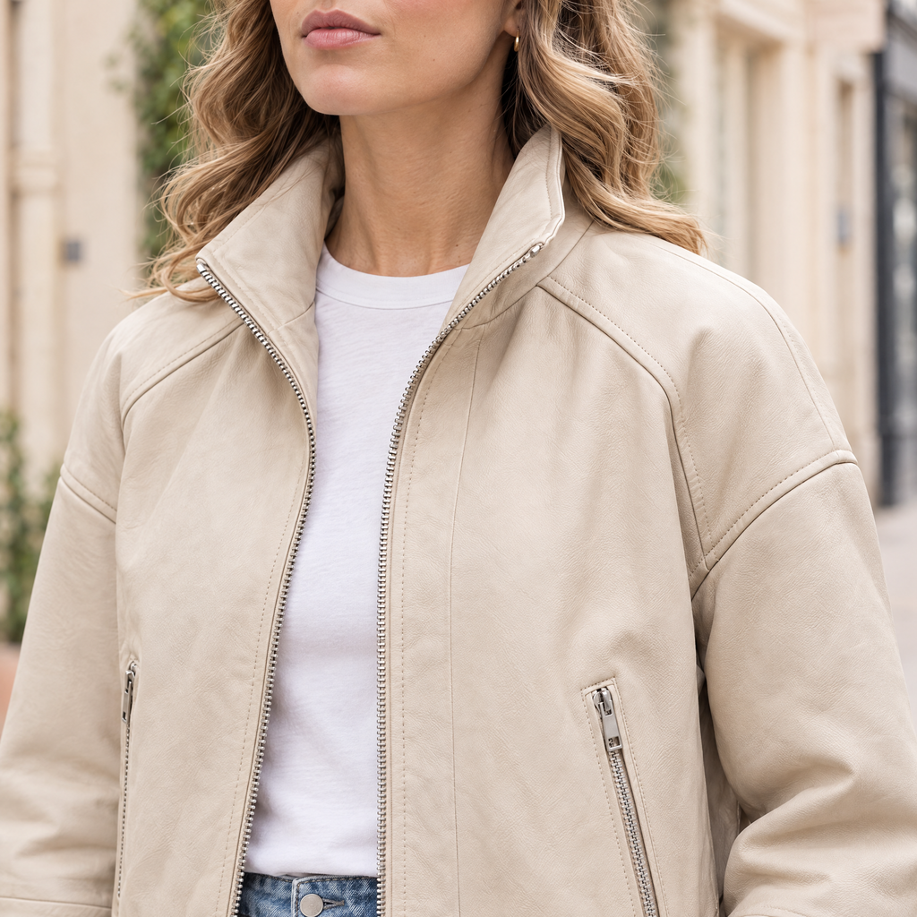Women's Twila Cropped Leather Bomber Jacket — Cream — chest-detail