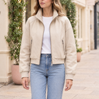 Women's Twila Cropped Leather Bomber Jacket — Cream — hero