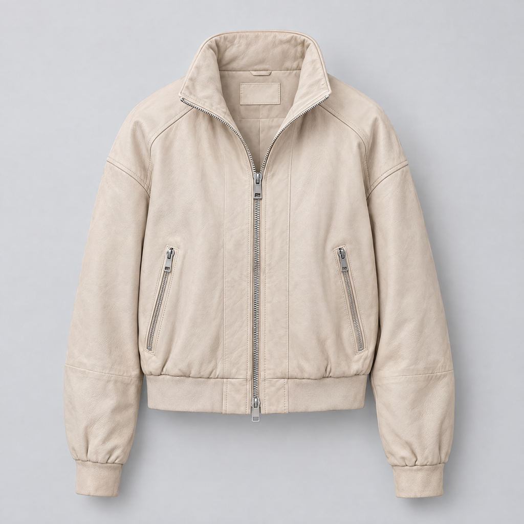 Women's Twila Cropped Leather Bomber Jacket — Cream — product-front