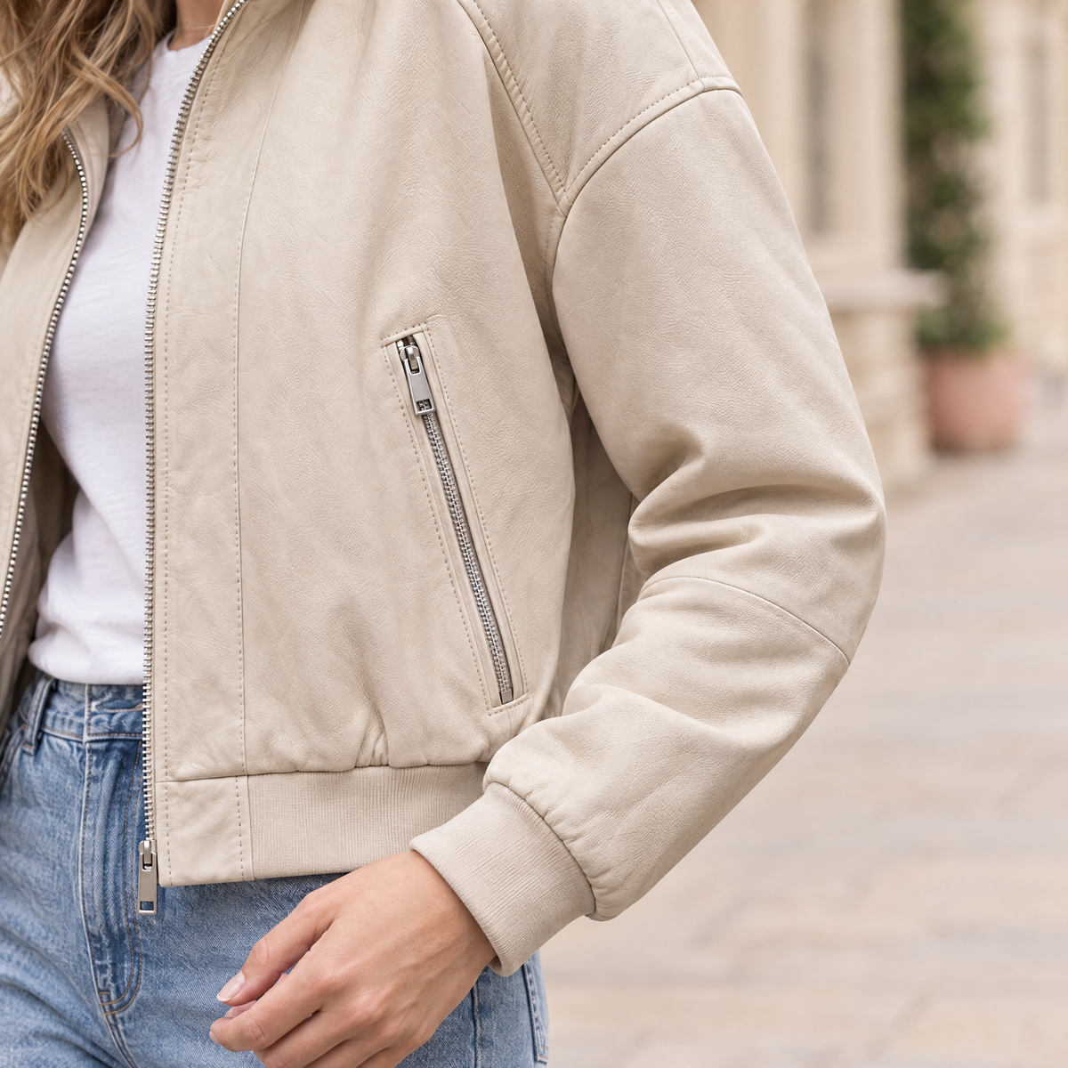 Women's Twila Cropped Leather Bomber Jacket — Cream — sleeve-detail