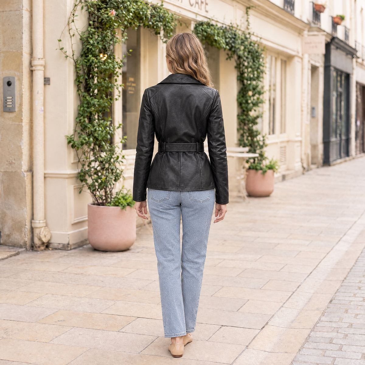 Women's Violet Belted Leather Moto Jacket — Black — full-body-back