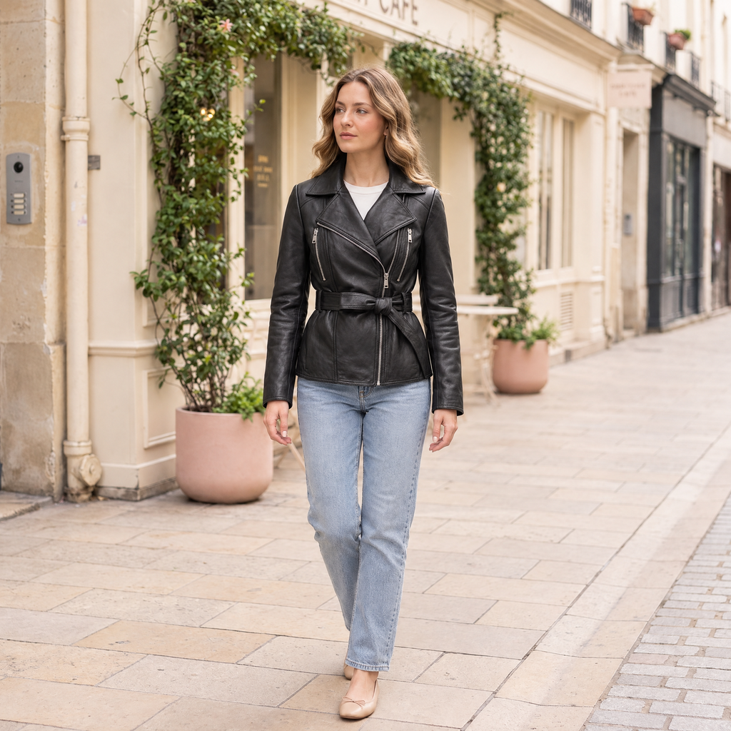 Women's Violet Belted Leather Moto Jacket — Black — full-body-front