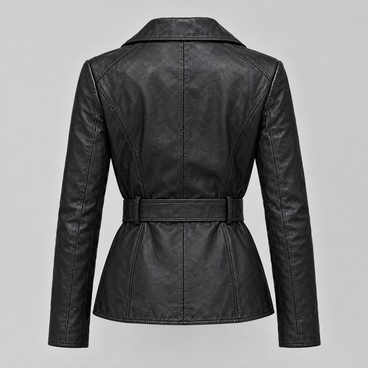 Women's Violet Belted Leather Moto Jacket — Black — product-back
