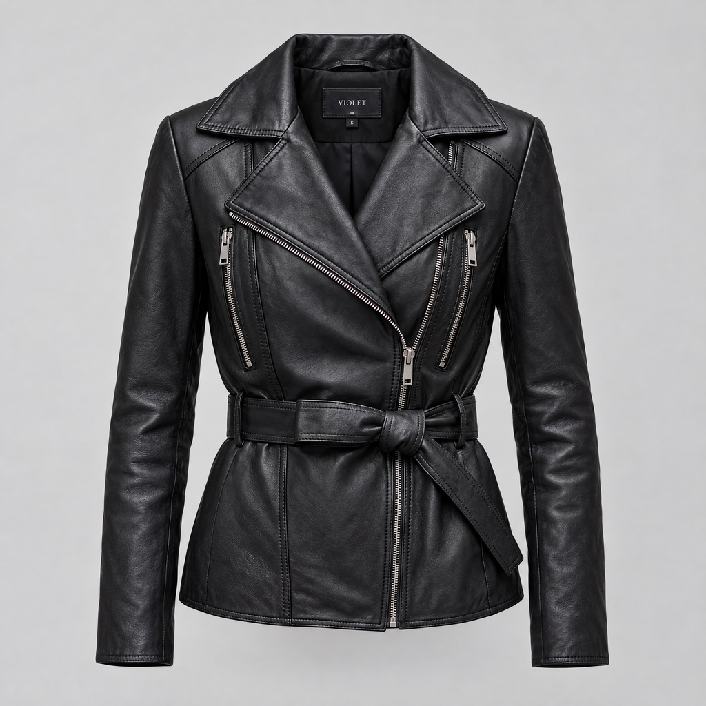 Women's Violet Belted Leather Moto Jacket — Black — product-front