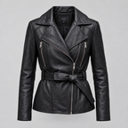 Women's Violet Belted Leather Moto Jacket — Black — product-front