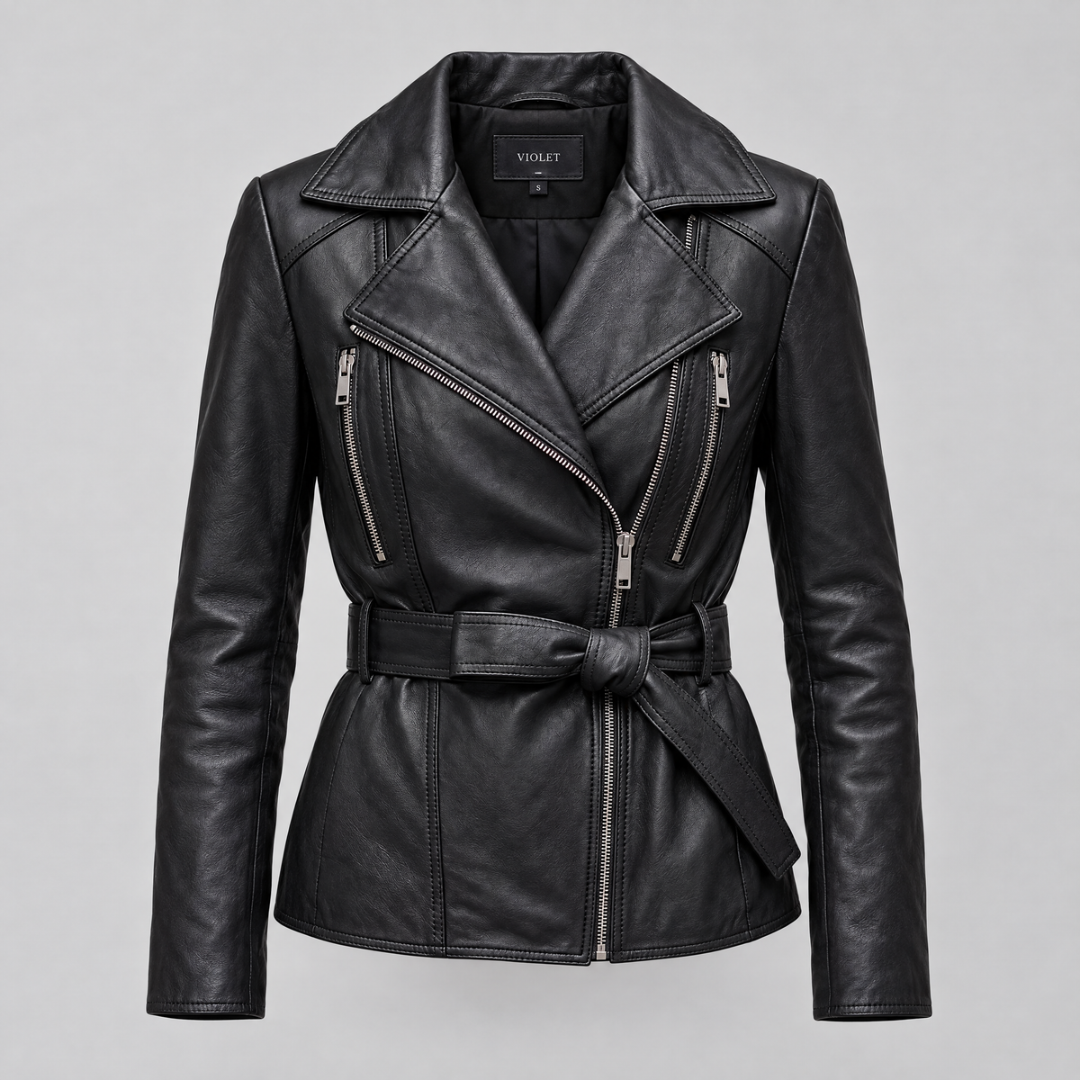 Women's Violet Belted Leather Moto Jacket — Black — product-front