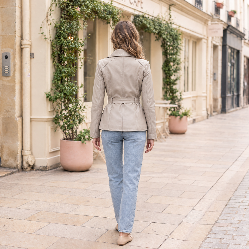 Women's Violet Belted Leather Moto Jacket — Oyster — full-body-back