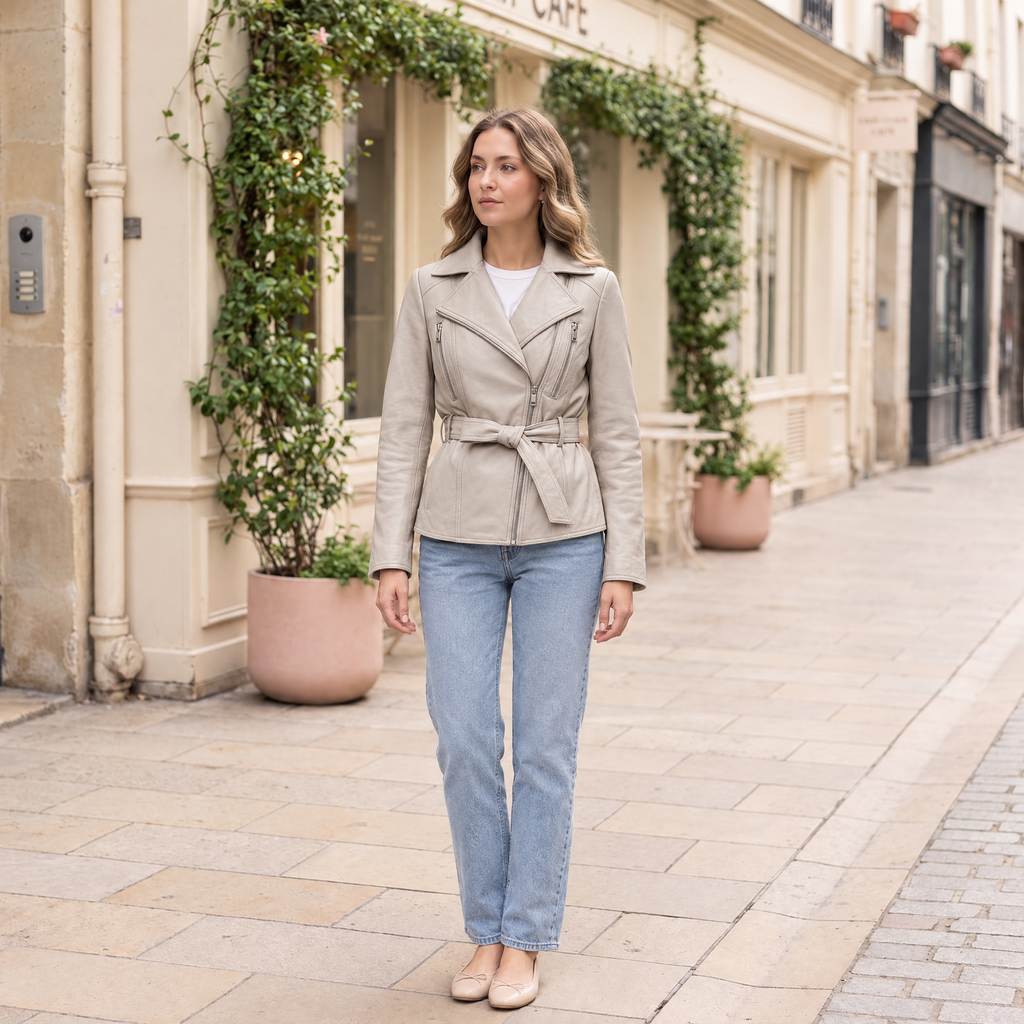 Women's Violet Belted Leather Moto Jacket — Oyster — full-body-front