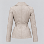 Women's Violet Belted Leather Moto Jacket — Oyster — product-back