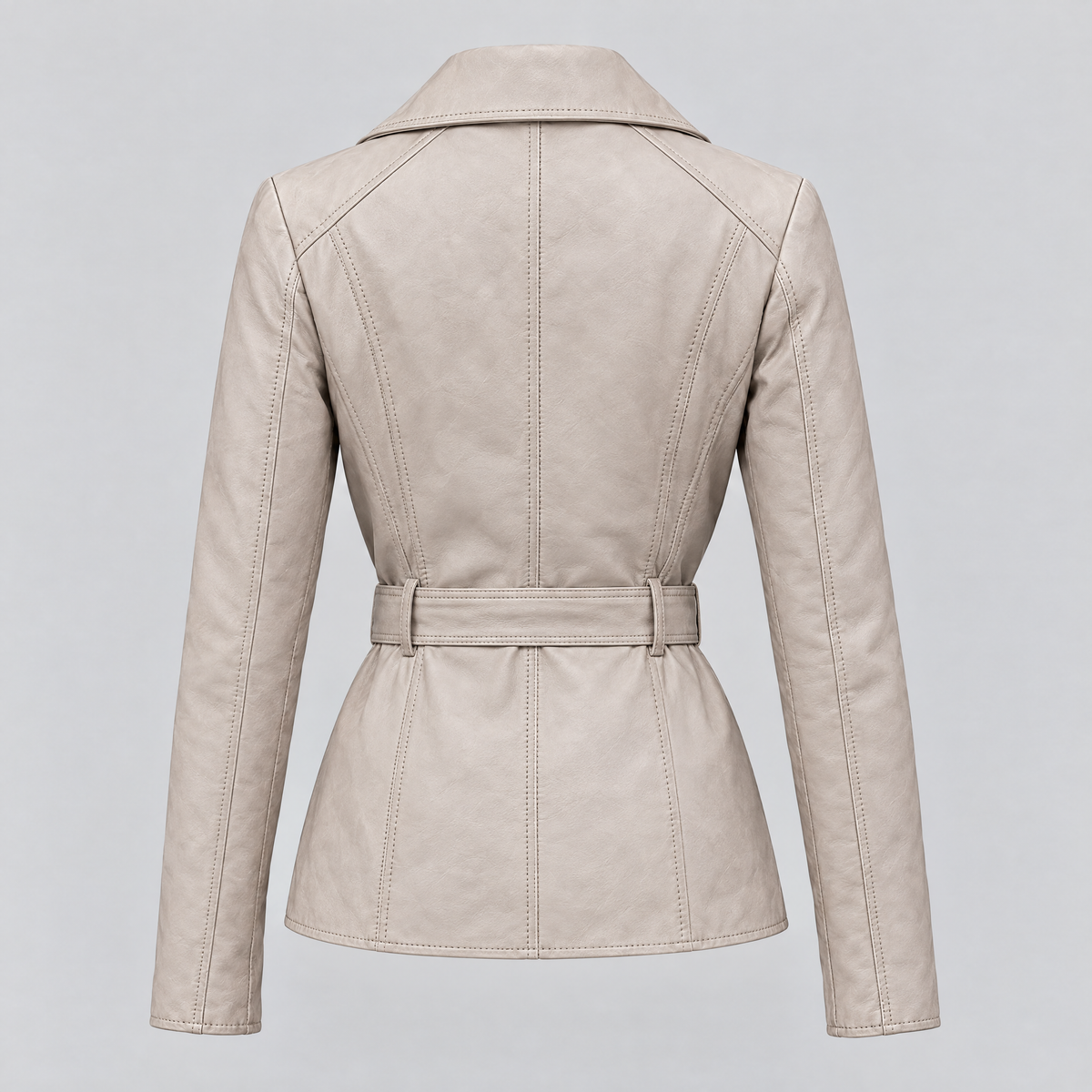 Women's Violet Belted Leather Moto Jacket — Oyster — product-back