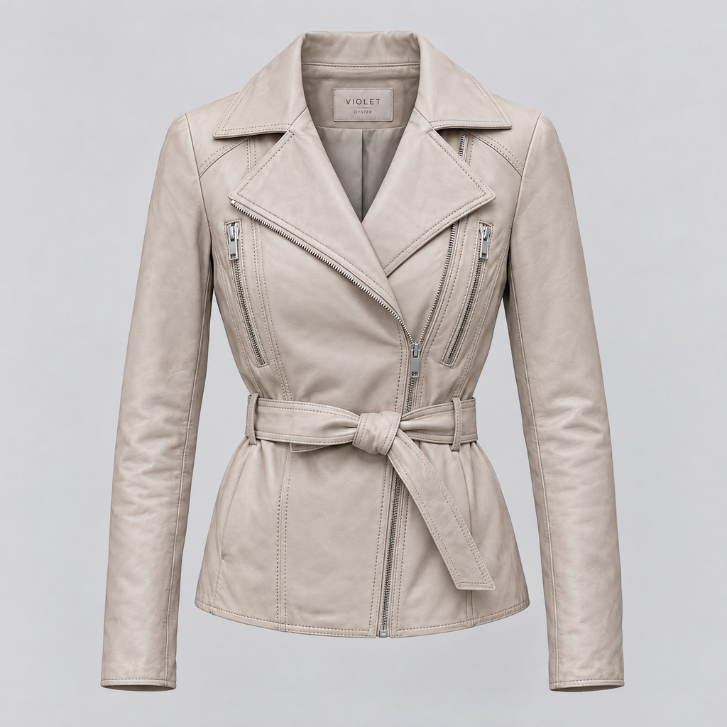 Women's Violet Belted Leather Moto Jacket — Oyster — product-front