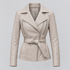 Women's Violet Belted Leather Moto Jacket — Oyster — product-front