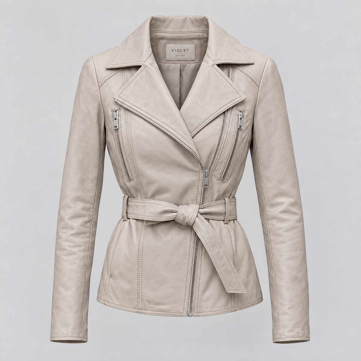 Women's Violet Belted Leather Moto Jacket — Oyster — product-front