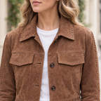 Women's Vivianne Whipstitched Suede Trucker Jacket — Cognac — chest-detail
