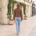 Women's Vivianne Whipstitched Suede Trucker Jacket — Cognac — full-body-back