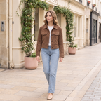Women's Vivianne Whipstitched Suede Trucker Jacket — Cognac — full-body-front