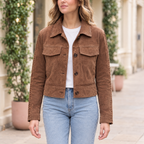 Women's Vivianne Whipstitched Suede Trucker Jacket — Cognac — hero