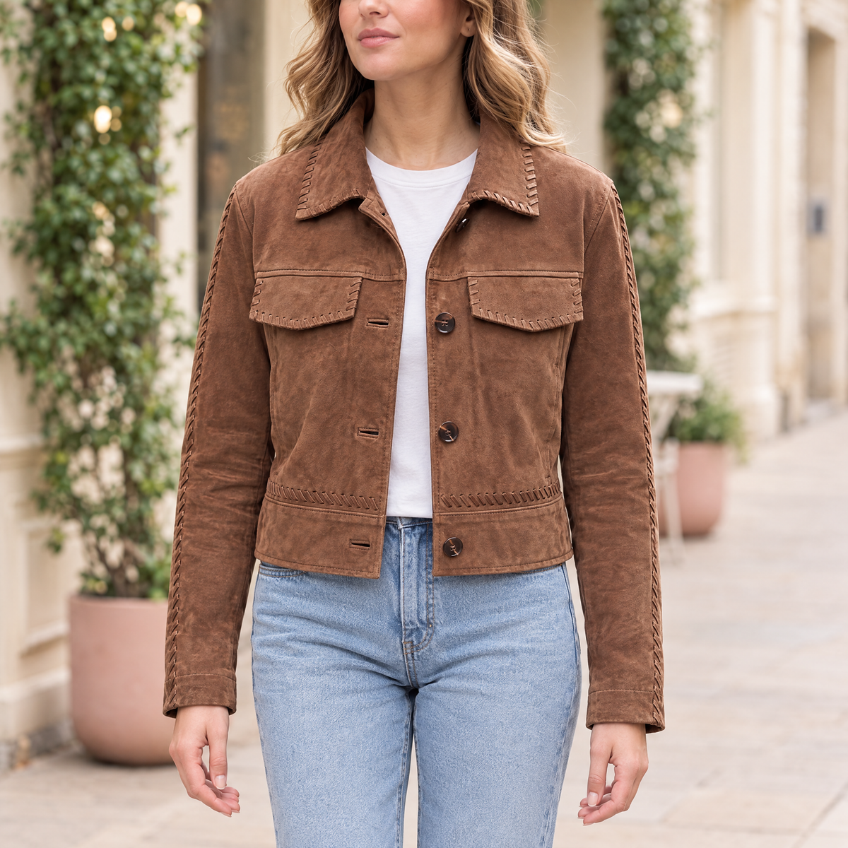Women's Vivianne Whipstitched Suede Trucker Jacket — Cognac — hero