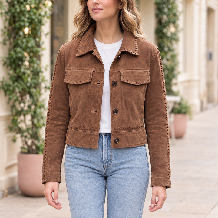 Women's Vivianne Whipstitched Suede Trucker Jacket — Cognac — hero