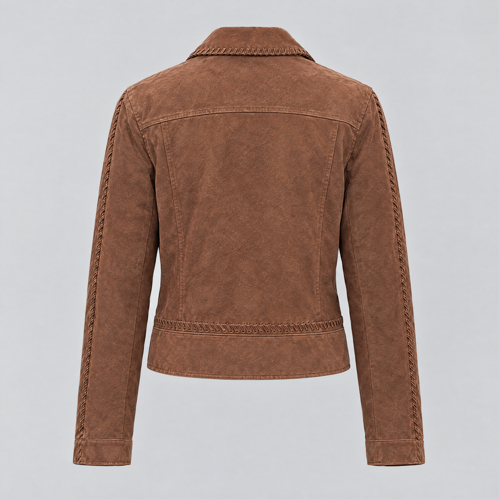 Women's Vivianne Whipstitched Suede Trucker Jacket — Cognac — product-back