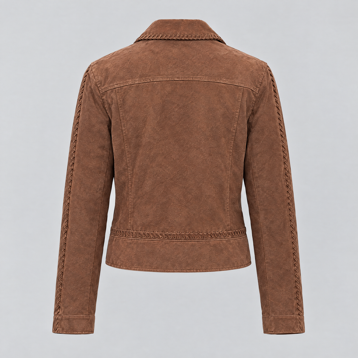Women's Vivianne Whipstitched Suede Trucker Jacket — Cognac — product-back