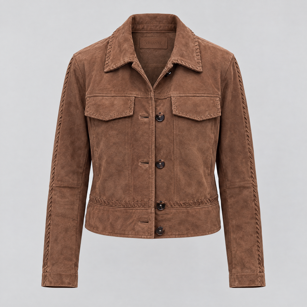 Women's Vivianne Whipstitched Suede Trucker Jacket — Cognac — product-front