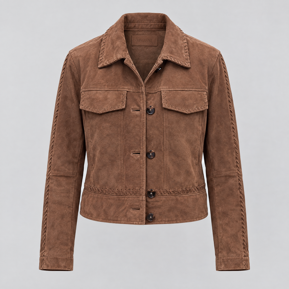 Women's Vivianne Whipstitched Suede Trucker Jacket — Cognac — product-front