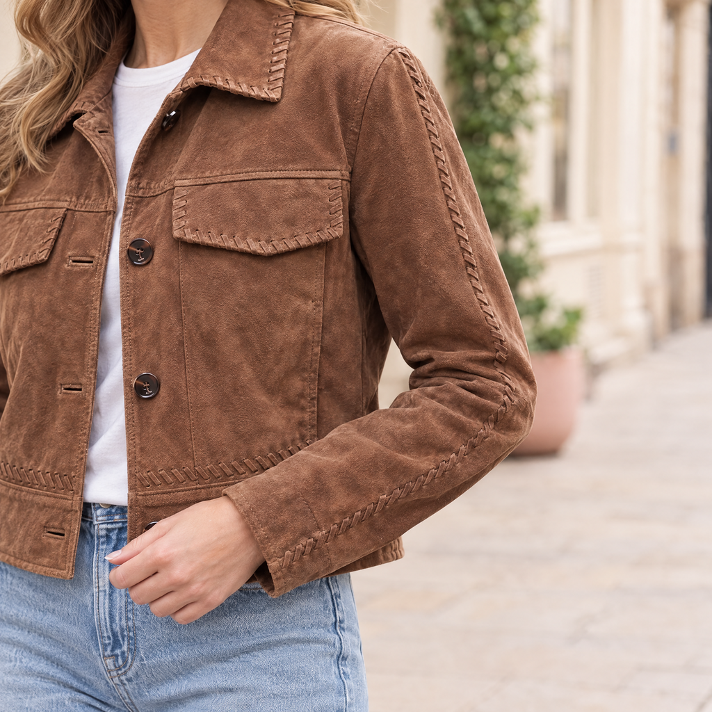 Women's Vivianne Whipstitched Suede Trucker Jacket — Cognac — sleeve-detail