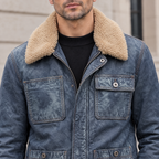 Men's Wesley Leather Denim Chore Jacket — Medium Blue — chest-detail