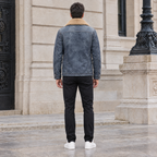 Men's Wesley Leather Denim Chore Jacket — Medium Blue — full-body-back